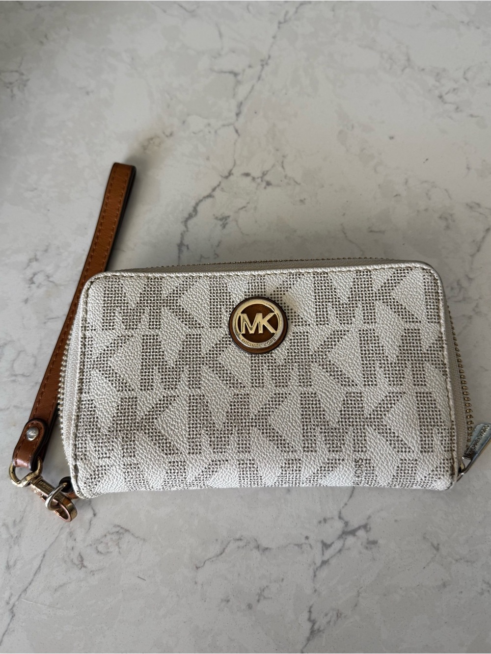 Michael Kors Cream MK Logo Wristlet with Brown Strap